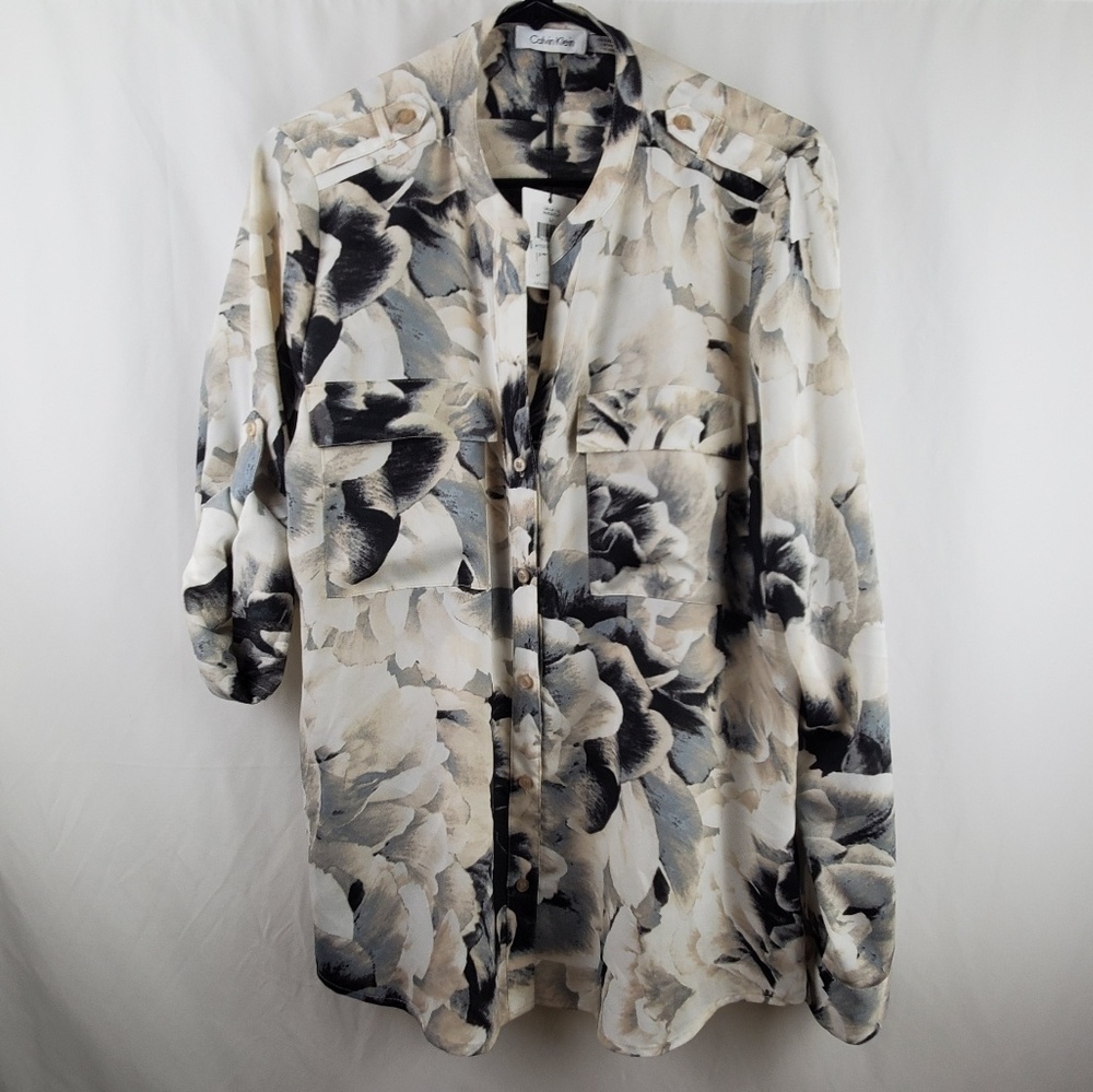 Calvin Klein Floral Roll-up Sleeve Top Large NWT
